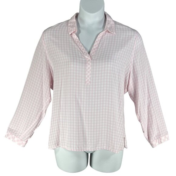 J Jill Womens XL Pink Gingham Popover Blouse Notch Neckline Clean Girl Feminine - Picture 1 of 16